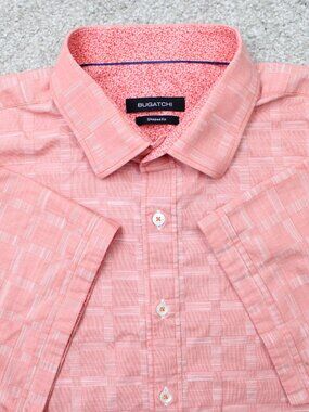 Bugatchi Shirt Mens Large Pink Shaped Fit 100% Cotton Short Sleeve Button Up